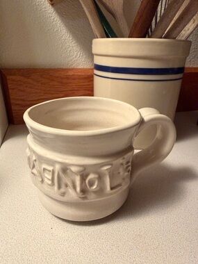 Handmade Magnolia Cream Stoneware Mug with Raised Band Lettering
